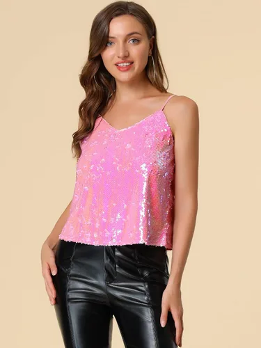 Vista 2 de Allegra K Camisola brillante con lentejuelas para mujer, para fiesta de club, con brillantina, discoteca brillante