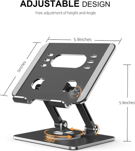 Vista 3 de Soporte para Tablet con Base Giratoria de 360° de Aluminio Ajustable de Doble Varilla para Todos los iPad de 5.8-12.9”, Samsung, Teléfono Tablet