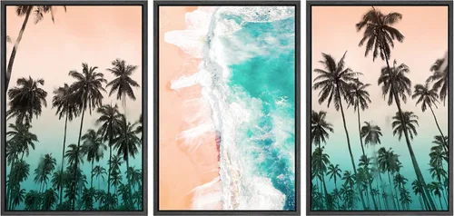 Vista 79 de SIGNWIN Lienzo enmarcado para pared, vista aérea de palmeras tropicales en un cielo azul, fotografía del océano costero, arte moderno, panorámico
