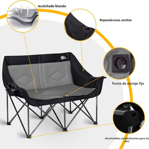 Vista 6 de Bolosy Silla de Camping para 2 Personas Silla de Camping Loveseat Silla de Camping Doble Plegable Extra Grande Silla de Camping Resistente Silla