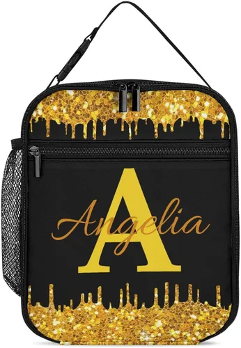 Vista 12 de Bolsa de almuerzo con nombre personalizado para hombres y mujeres, con monograma de purpurina azul, hielera, portátil, con nombre, para niñas