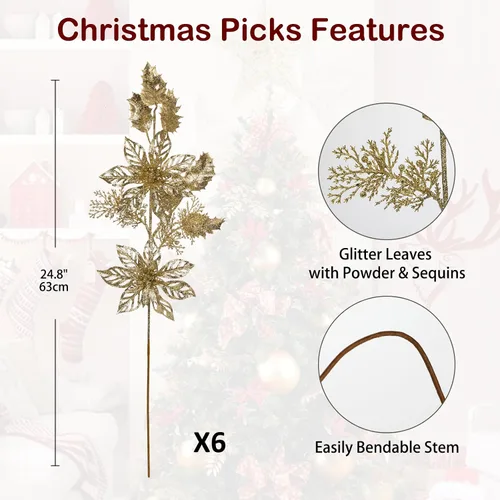 Vista 2 de 6 piezas de selecciones para árbol de Navidad de 25 pulgadas con purpurina, flores de Pascua con purpurina en aerosoles con flores, hojas de acebo