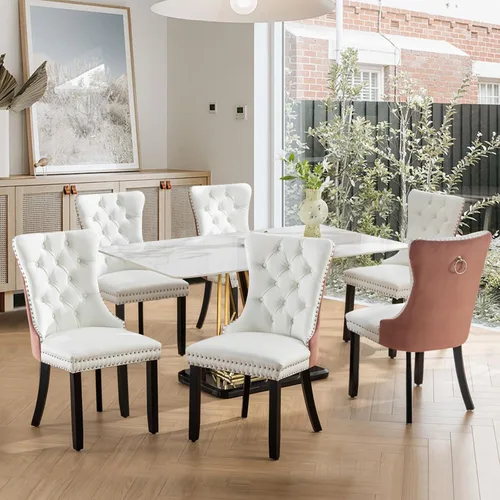 Vista 164 de SoarFlash Juego de 2 sillas de comedor de terciopelo, silla lateral de respaldo alto, silla lateral moderna tapizada de alta gama con botones Beige