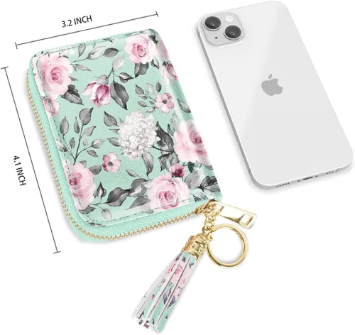 Vista 3 de Coco Rossi Billetera pequeña para tarjetas de crédito RFID con purpurina linda para mujer, C Flores verdes