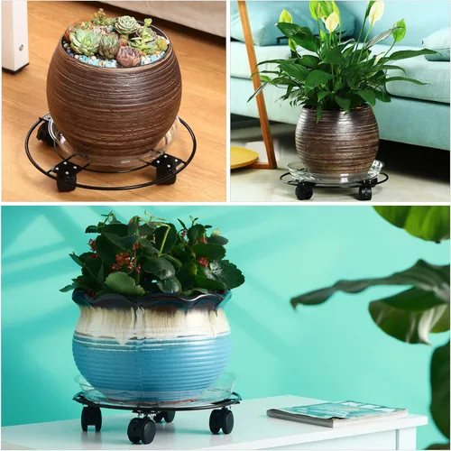 Vista 4 de Paquete de 3 cajas grandes de metal para plantas de 13 pulgadas con ruedas, soporte rodante de hierro forjado resistente con ruedas para macetas