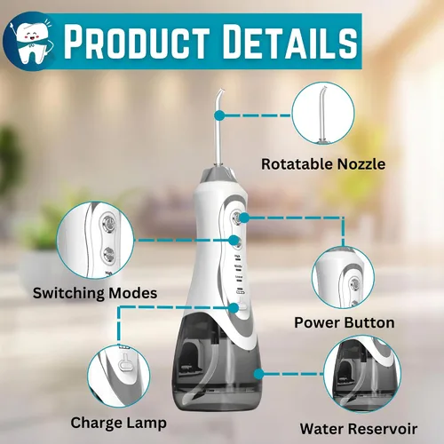 Vista 6 de Btone Irrigador dental para dientes – Removedor de placa dura portátil con 3 modos y 4 puntas de chorro reemplazables, irrigador de agua eléctrico