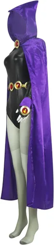 Vista 2 de Disfraz de Raven Rachel Cosplay Enterizo para mujer, capa morada con gemas en la cintura, cinturón y cadena, accesorios (talla EE.UU.)