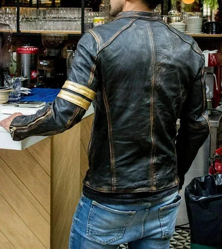 Vista 3 de Chaqueta de cuero vintage para hombre, estilo Cafe Racer