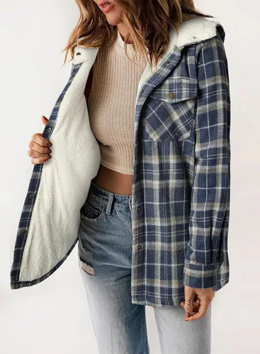 Vista 2 de Dokotoo - Chaqueta para mujer, manga larga, con botones y capucha, de vellón, cálida, a cuadros
