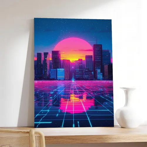 Vista 7 de Cyberpunk - Arte de pared de onda vapor-neón futurista de la ciudad, impresión retro de onda sintética decoración de pared, pinturas al óleo famosas