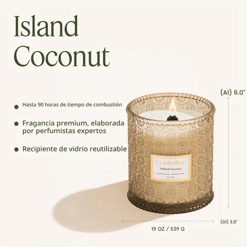 Vista 5 de LA JOLIE MUSE Vela de vainilla y coco – Coco, freesia y vainilla Vela de mecha de madera grande de 19 oz Cera de soja natural 90 horas de Isla