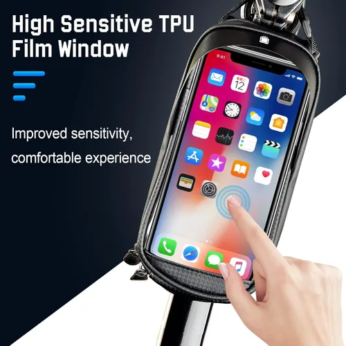 Vista 6 de Bolsa para marco de bicicleta con soporte para teléfono celular, bolsa de tubo frontal impermeable para bicicleta con funda de teléfono compatible