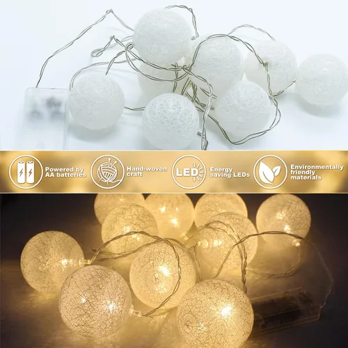 Vista 4 de Anordsem Guirnalda de luces de batería para interior: 6.88 pies/10 linternas LED de bolas de algodón, paquete de 2 – Iluminación acogedora de hadas
