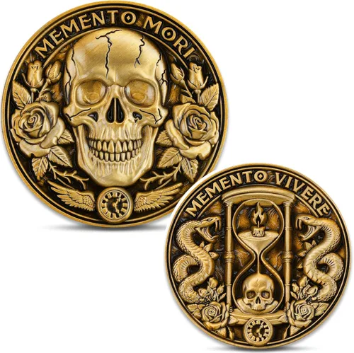Vista 9 de Memento Mori Stoic Coin - Parca y reloj de arena, lápida de serpiente - Ficha de recordatorio de bolsillo con vitrina (moneda individual)