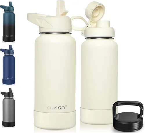Vista 43 de CIVAGO Botella de agua aislada de 22 onzas con pajita, frasco de agua deportiva de acero inoxidable con 3 tapas
