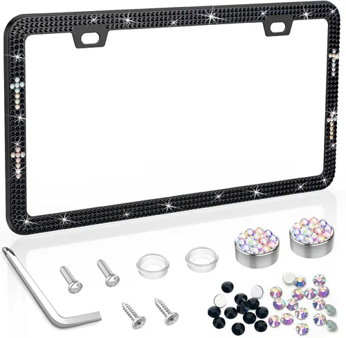 Vista 10 de SHARE&CARE Marco de matrícula brillante, cubierta de matrícula de cristal, soporte para placa de automóvil con diamantes de imitación de cristal AB