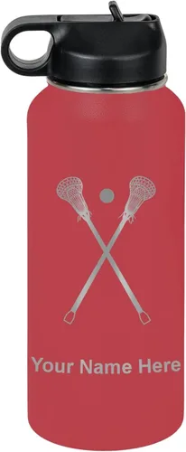 Vista 37 de LaserGram Botella de agua personalizada, palitos de lacrosse, acero inoxidable de doble pared aislada al vacío con popote superior, regalo grabado