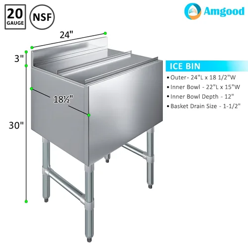 Vista 2 de AmGood 18.5 in. x 24 in. Cubo de hielo debajo de la barra con tapa deslizante NSF Baúl de hielo de acero inoxidable con tapa deslizante