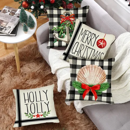 Vista 6 de Fahrendom Juego de 4 fundas de almohada decorativas náuticas de Feliz Navidad, 18 x 18 pulgadas, funda de almohada con ancla de Navidad costera