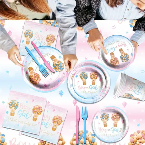 Vista 2 de Baby Bear - Vajilla de revelación de género, 122 piezas, platos y servilletas, tazas, mantel de oso para niños o niñas, suministros de fiesta