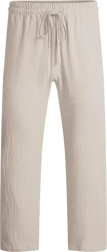 Vista 3 de COOFANDY Pantalones casuales de lino para hombre con cintura elástica y cordón para playa