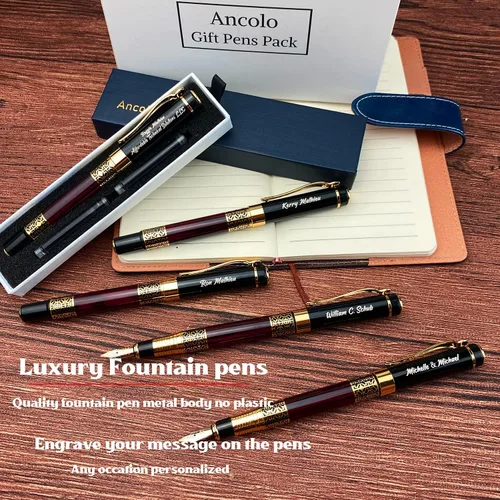 Vista 5 de Ancolo Plumas estilográficas personalizadas, punta mediana, juego de 5 unidades con caja de regalo para bolígrafo, bonito regalo de recuerdo, Plumas