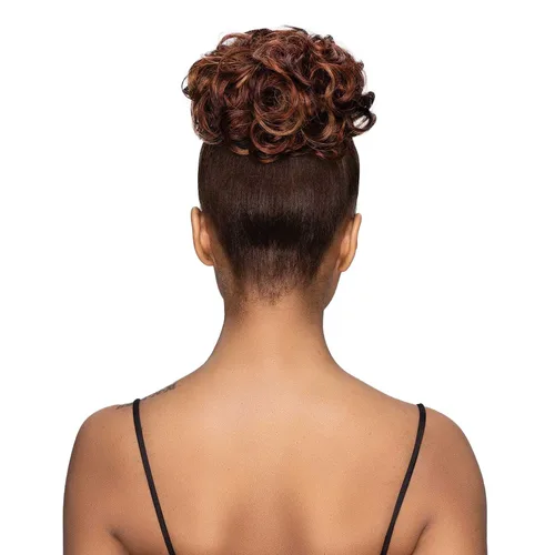 Vista 4 de Janet Collection Mezcla de Cabello Humano Moño Remy Ilusión Scrunch Tendril (BARN ROJO)