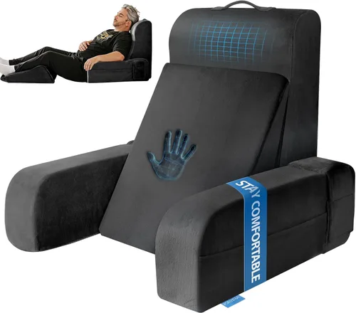 Vista 9 de Kayfia Almohada de lectura, almohada de espalda 10 en 1 para cama sentada con reposabrazos desmontable, respaldo con espuma viscoelástica de gel