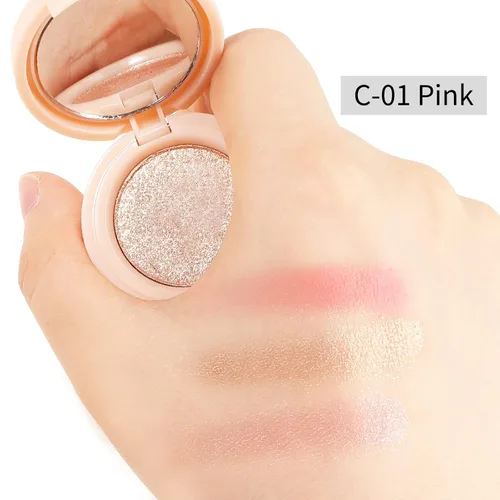 Vista 5 de Boobeen Kit de rubor e iluminador, paleta de polvo prensado de maquillaje 3 en 1, bronceador brillante, rubor mate naranja y rosa, paleta facial