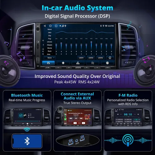Vista 4 de A5L - Estéreo de auto doble DIN Android de 7 pulgadas con escáner OBD2, CarPlay inalámbrico y Android Auto, ecualizador de 24 bandas, DSP, conexión
