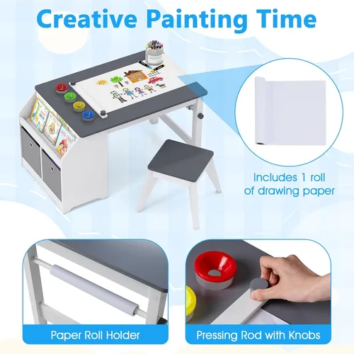 Vista 3 de Costzon Mesa y sillas de arte para niños, juego de escritorio de actividades de madera con rollo de papel, 4 tazas de pintura, estantes de Gris