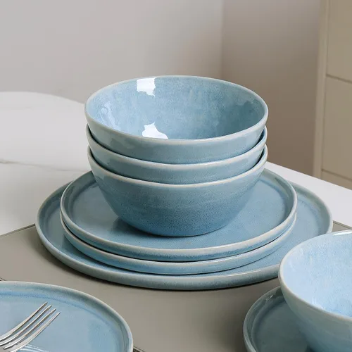 Vista 9 de Farrar 18 Piece Water Ripple Design Stoneware Dinnerware Sets，service For 6, Blue Beige