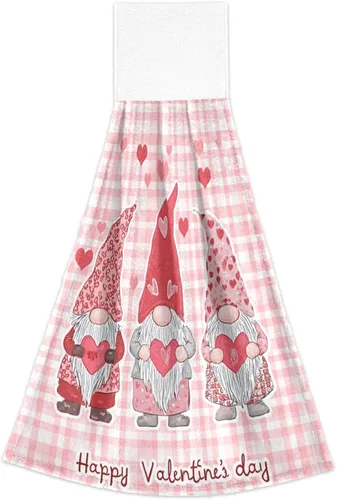 Vista 2 de Kcldeci Toallas de mano colgantes para el día de San Valentín con lazo para colgar, gnomos, corazones, toallas de mano suaves y gruesas, toallas