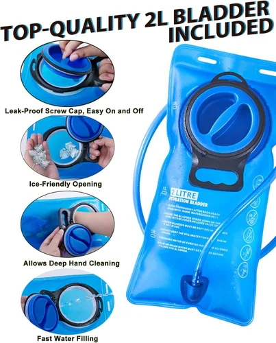 Vista 5 de Mochila de hidratación con bolsa de agua de 2 litros. Mochila ligera de 15 litros con bolsillos para cinturón de cadera del tamaño del teléfono
