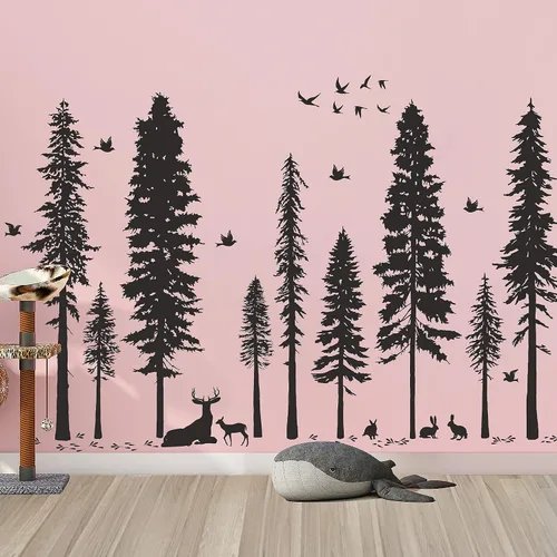 Vista 5 de Vinilo adhesivo de pared de pino, 9 árboles, ciervos, pájaros, conejos, bosques y naturaleza, removible de vinilo negro de alta calidad para niños