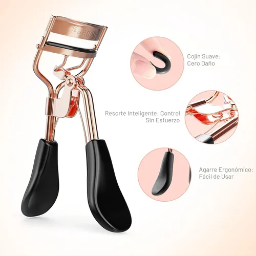 Vista 4 de Kaasage Rizador de pestañas para elevar y rizar, herramienta profesional de maquillaje de acero inoxidable con mango ergonómico y 6 almohadillas
