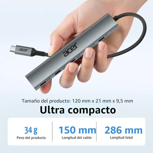 Vista 7 de Acer Hub USB C de 10 Gbps, divisor USBC con 4*USB C 3.2 y puerto PD de 100W, adaptador multipuerto de transferencia rápida tipo C compatible