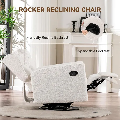 Vista 8 de COMHOMA Mecedora para Cuarto de Bebé Teddy Tapizada Mecedora Giratoria Reclinable Manual Deslizante Silla Reclinable para Sala de Estar Dormitorio