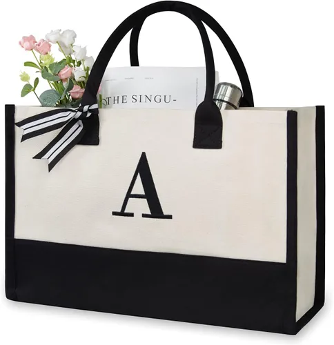 Vista 412 de TOPDesign Personalized Initial Canvas Beach Bag, Monogrammed Gift Tote Bag for Women
