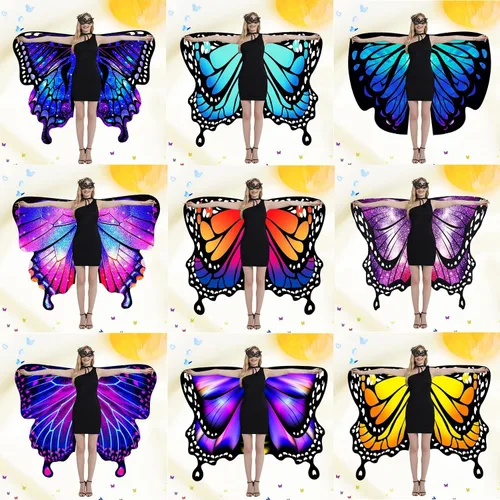 Vista 7 de DawnHope Disfraces de Halloween, alas de mariposa para mujeres y adultos, impresión de doble cara, alas de hada, capa para fiesta con máscara