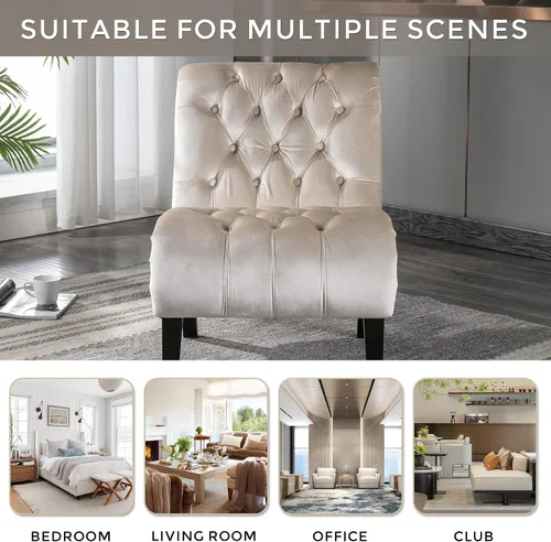 Vista 4 de Modern Velvet Armless Accent Living Room Chair,Upholstered Fabric Button Comfortable Leisure Chair with Wooden Legs for Bedroom,Office (Beige Velvet)