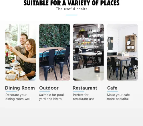 Vista 4 de Flamaker Sillas de comedor de metal para uso en interiores y exteriores, sillas laterales apilables con respaldo para cocina industrial, sillas Negro