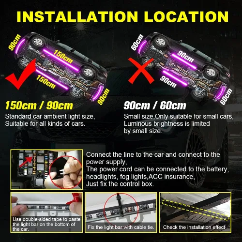 Vista 6 de Juego de 4 tiras de luces LED, lámpara de chasis de automóvil con control de aplicación, luces subterráneas RGB multicolor, 12 V, impermeable