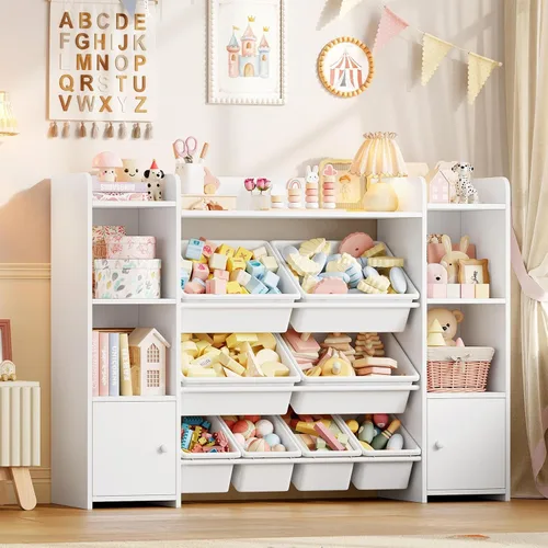 Vista 13 de FOTOSOK Organizador de almacenamiento de juguetes con 8 cubos de juguetes, organizador de juguetes para niños con 6 cubos de almacenamiento