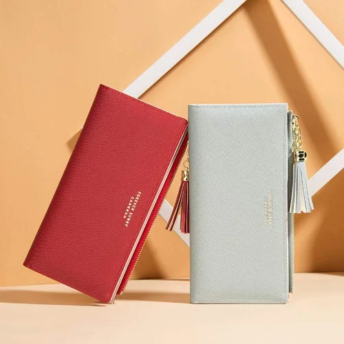 Vista 7 de Yafanqi Cartera de cuero para mujer, organizador de tarjetas de crédito, con cremallera bonita, grande, larga, monedero, C- azul, Carteras largas