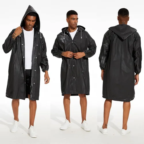 Vista 4 de OFFITECTURE Paquete de 2 ponchos de lluvia reutilizables para adultos, impermeables con capucha para mujeres/hombres con cordón