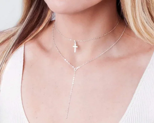 Vista 4 de Cadena de plata de ley Lariat Y – Collar de capas simple de diseñador hecho a mano, longitud 15 pulgadas + 2 pulgadas extensor