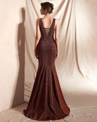 Vista 4 de Vestido de noche de sirena con cuello en V y lentejuelas con cordones para mujer
