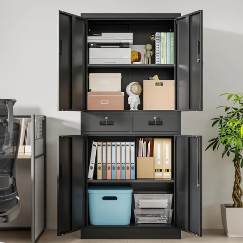 Vista 2 de Wanfu Gabinete de almacenamiento de metal, gabinete de almacenamiento con bloqueo de 71 pulgadas con estantes ajustables y 2 cajones, gabinetes
