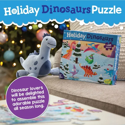 Vista 2 de Peaceable Kingdom Rompecabezas de dinosaurios navideños, rompecabezas de dinosaurios de 100 piezas para niños a partir de 5 años, ideal para aulas